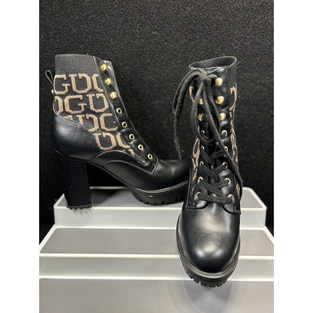 GUESS Women's Grows-R Ankle Boots Knit Logo‎ Platform Black/Tan Size 7.5M
